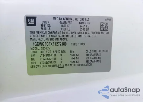 2015 Chevrolet Express 2500 Work Van z USA, uszkodzony, nr VIN 1GCWGFCFXF1272180